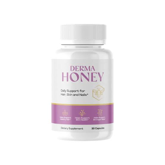 Single DERMA HONEY dietary supplement bottle in a clean beauty setting