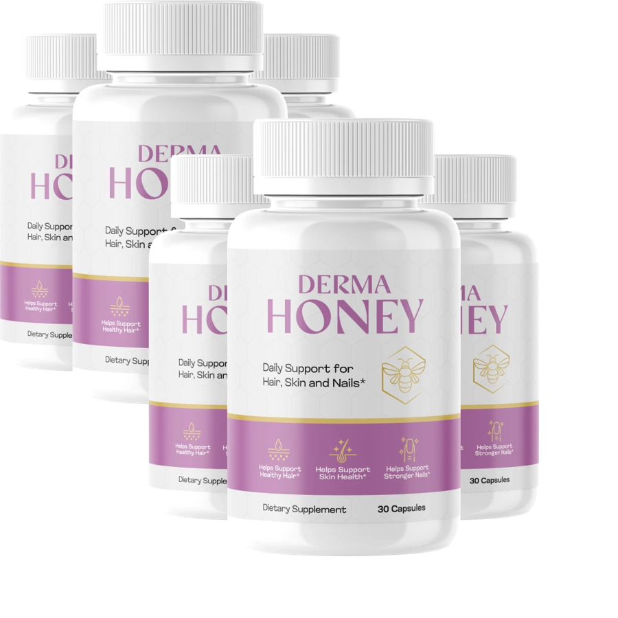 Collection of original DERMA HONEY beauty support supplement bottles