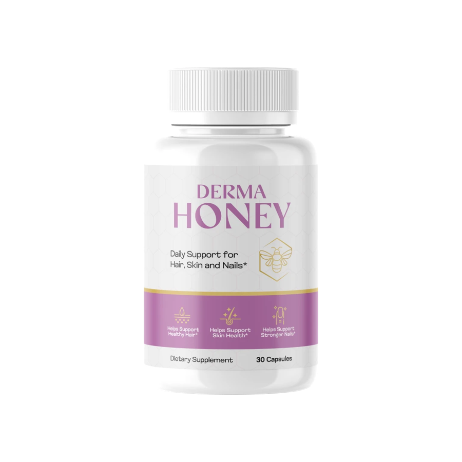 Original DERMA HONEY bottle showing the 30 capsule dietary supplement label
